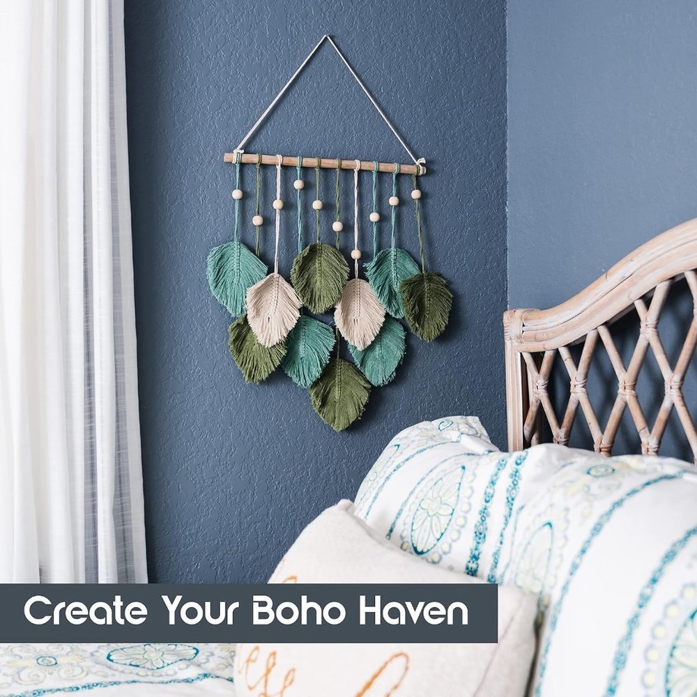 Macrame Boho Indie Farmhouse Teal/Blue/Green/Cream Feather Wood Bead Wall Decor - Picture 7 of 8